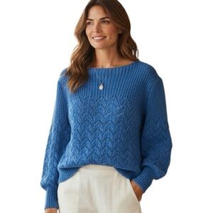 Vintage hand Knit open weave blue sweater cottagecore country coastal Grandma